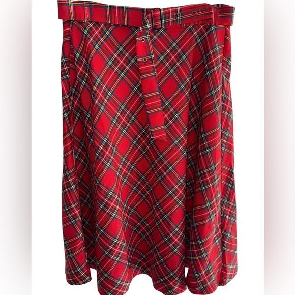 🍁5/$25 ALLEGRA K red plaid belted stretch midi dirndl skirt  - NWT - Picture 1 of 1